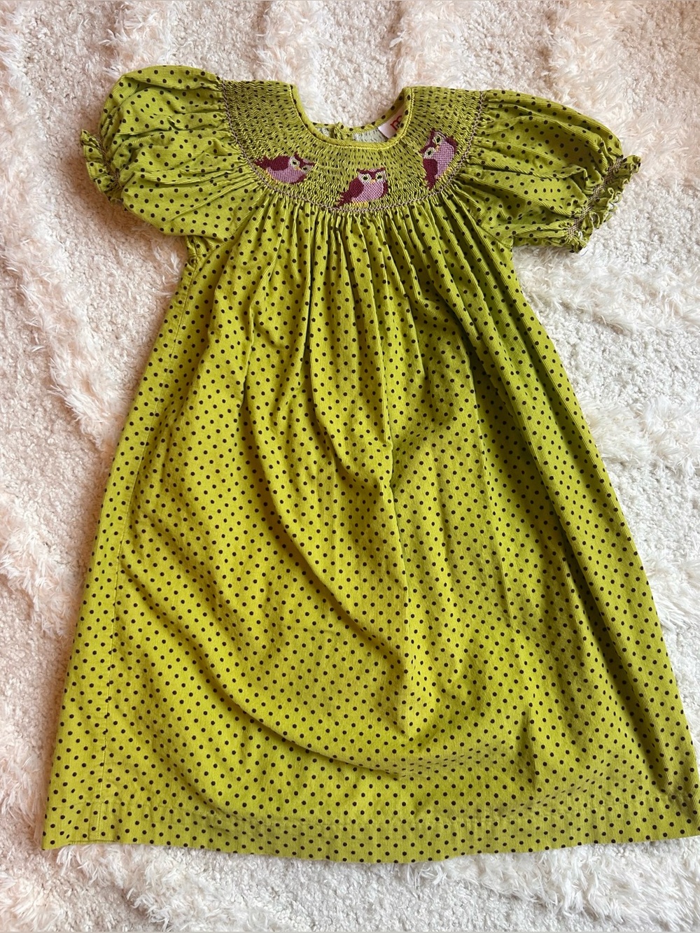 Mom & Me Smocked Bishop Owl Dress - Green Polka Dot Size 5